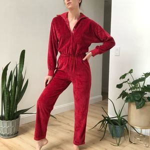Vintage 70s 80s Velour velvet red romper jumpsuit lounge wear